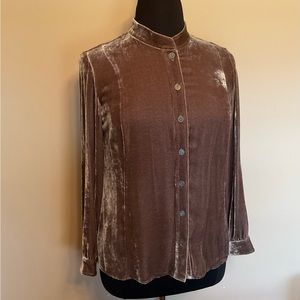J Jill medium brown crushed velvet button front top, gathered at back waist